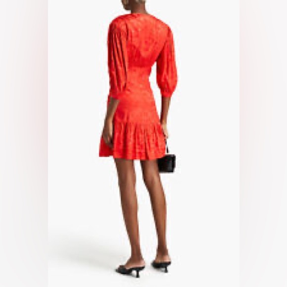 Sandro Azelie Red Floral Jacquard Silk Blend Dress Cropped Puff Sleeves V-Neck 0 - Picture 4 of 12
